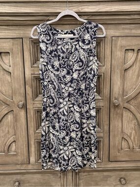 EUC Women’s LOFT Black/White Paisley Sleeveless Tie Neck Elastic Waist Dress (M)